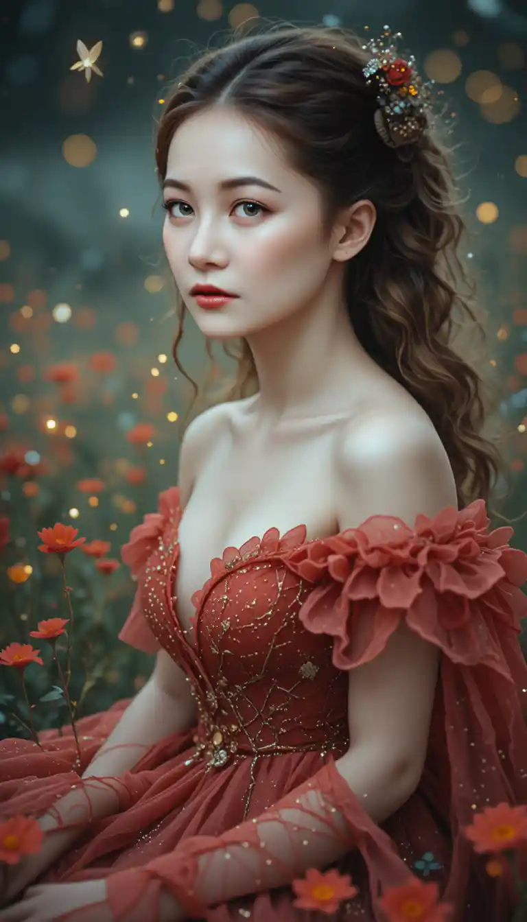 穿紅色洋裝的飄渺女子歇息在野花草地上