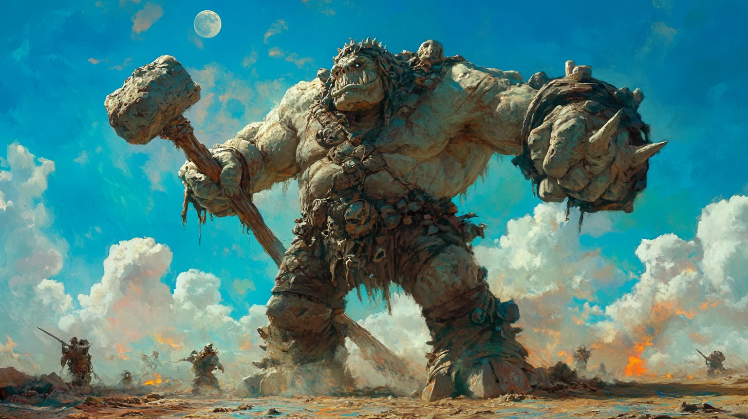 Armored troll wielding bone club on muddy battlefield