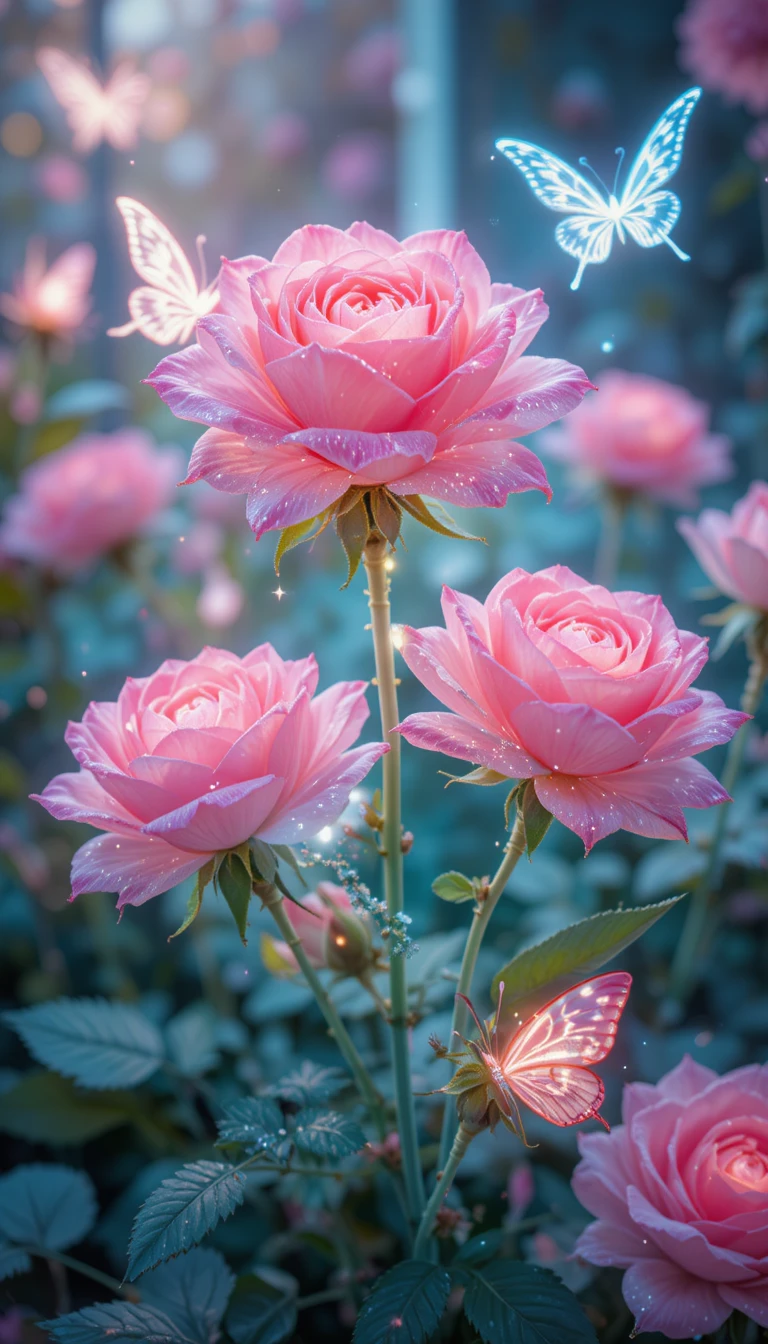 Rose al neon pastello che brillano dolcemente in un giardino da sogno