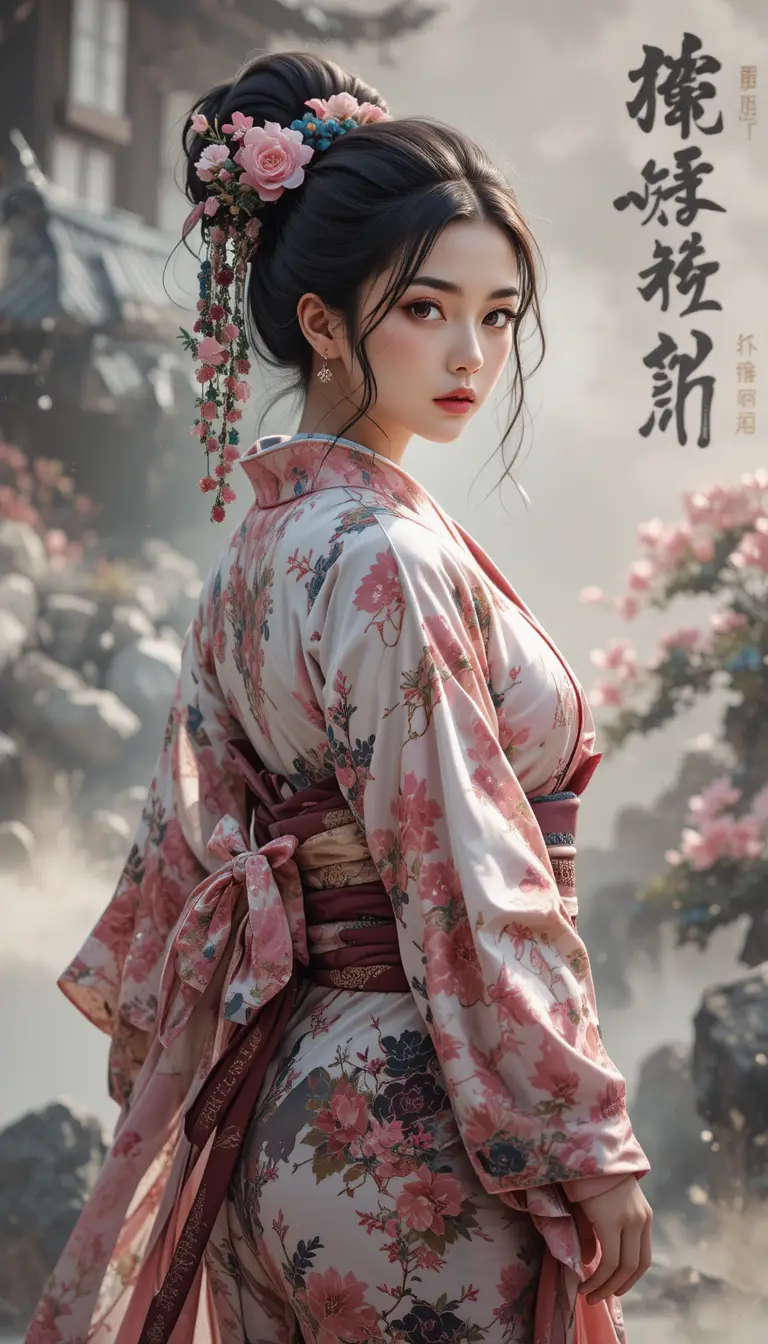 Tuschmalerei-Anime-Mädchen im pinken Kimono, das sich nach vorn beugt