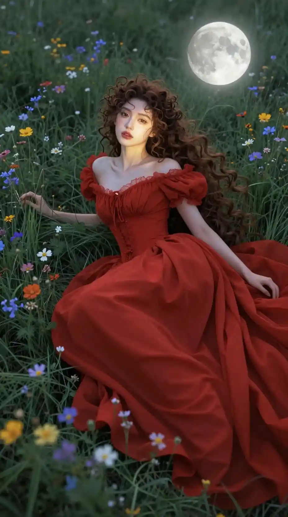 Ethereal woman in red dress lying in a moonlit meadow