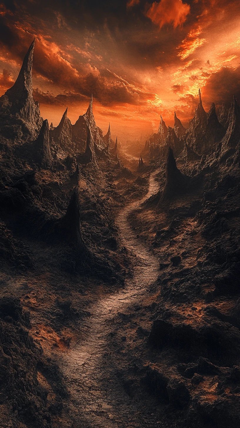 Surreal hellish path through jagged jaws under fiery sky