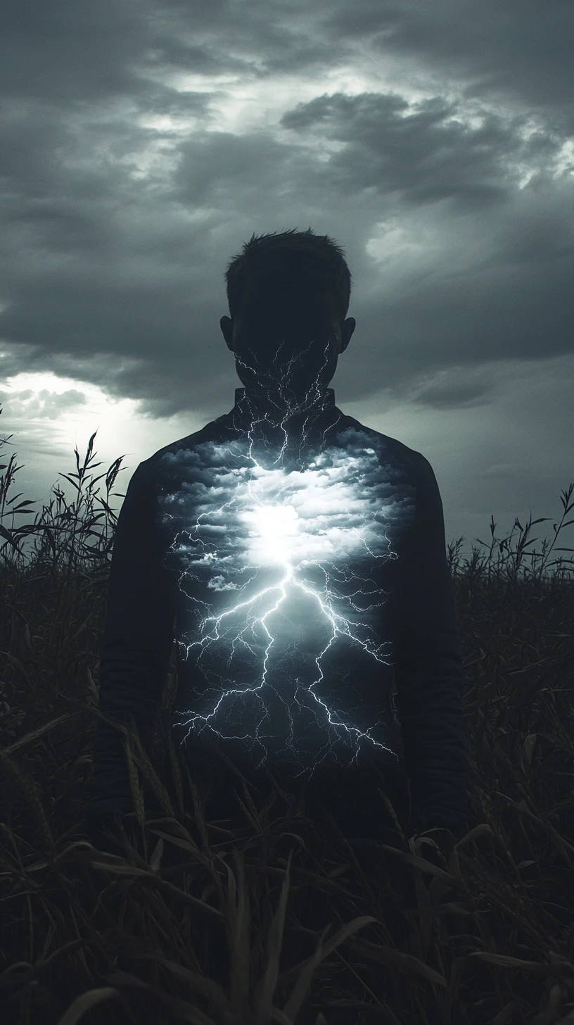 Hombre en campo pacífico con una tormenta dentro de su pecho