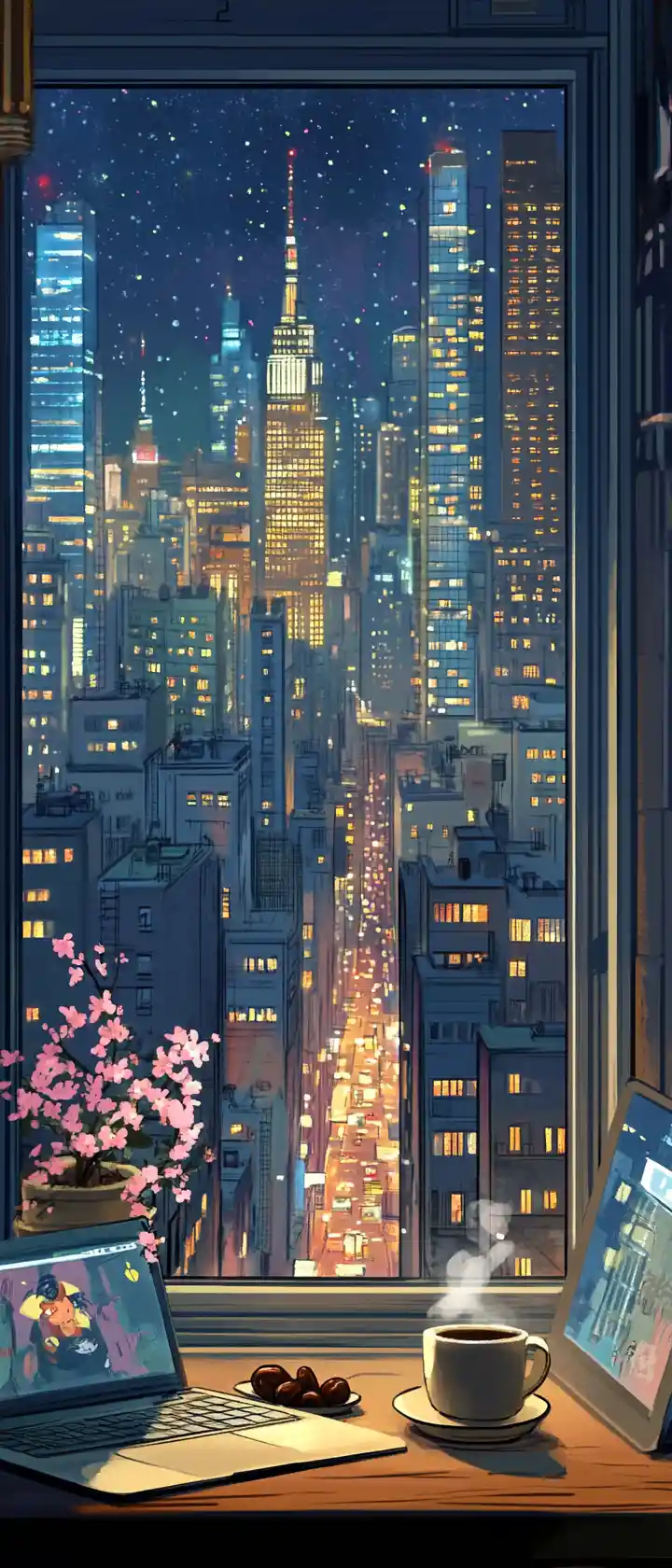 화려한 야경 도시가 내려다보이는 창가의 아늑한 책상