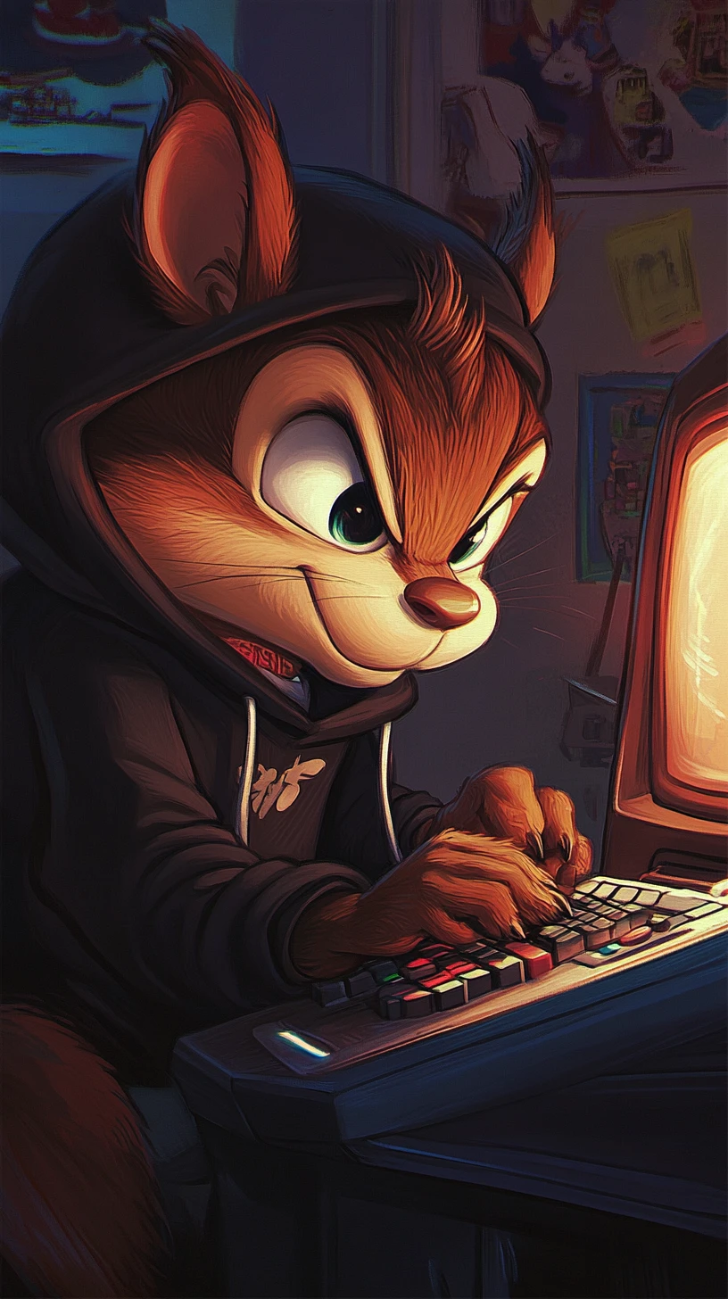 Tamia gamer a cartone animato concentrato su uno schermo di console luminoso