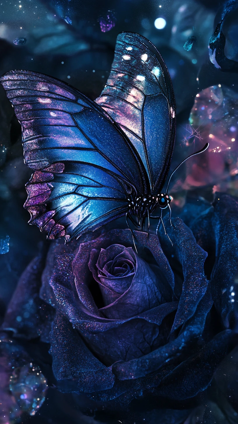 Mystischer nächtlicher Schmetterling über dunkler blühender Rose