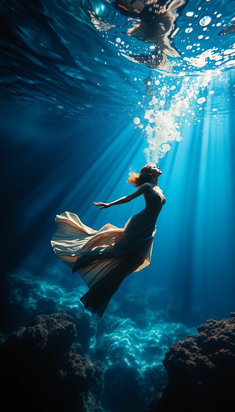 幻想的な水中の光線を泳ぎ抜けるエレガントな女性