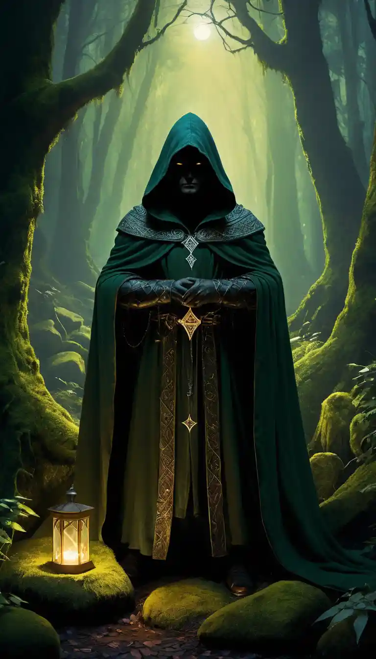 Enchanted Hooded Cloak Glowing On Forest Stone Altar