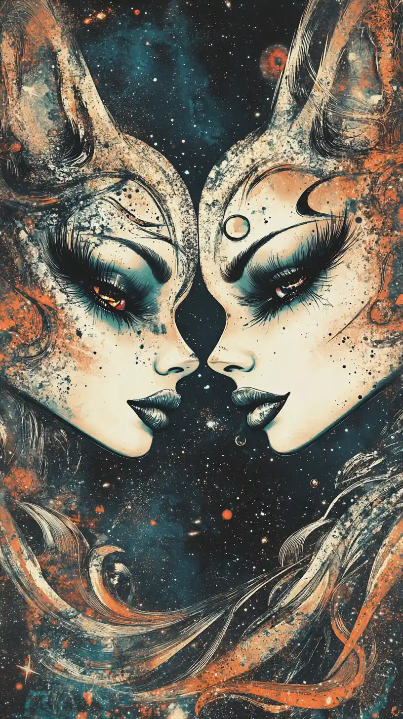 Glamorous anthropomorphic fox divas share mirrored cosmic energy