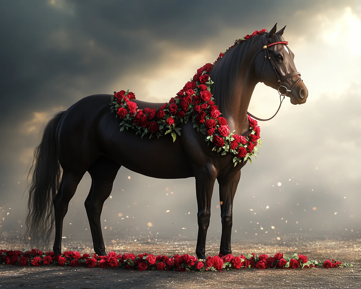 Maestoso cavallo vincente adornato con una ghirlanda di rose rosse
