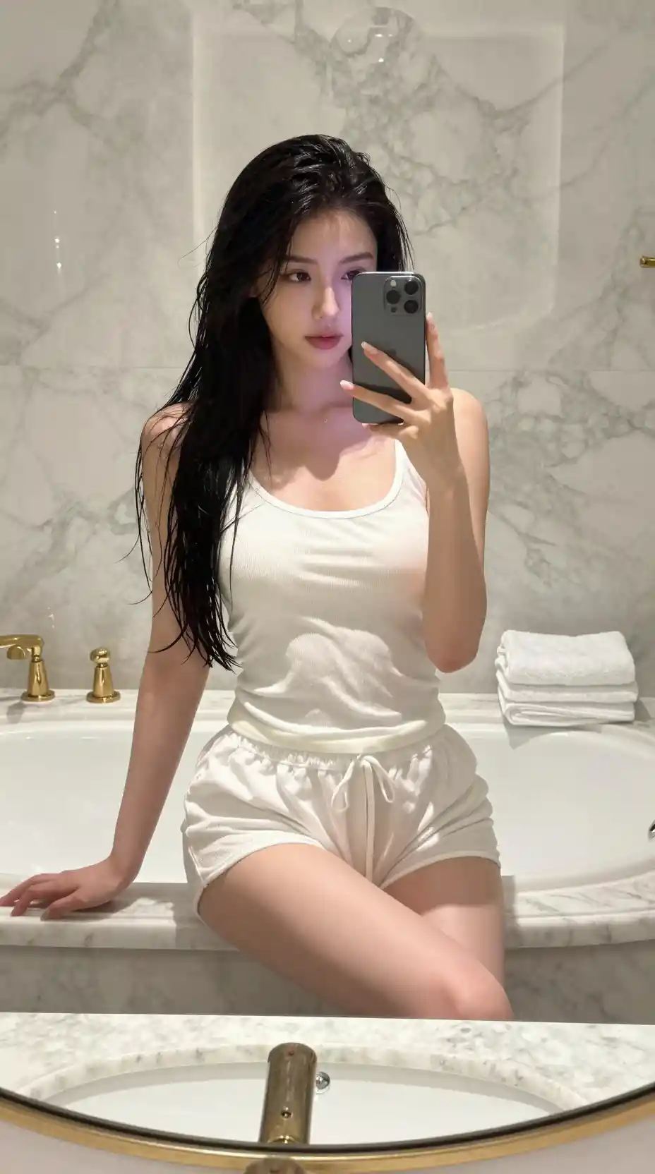 Young woman taking a mirror selfie in a marble bathroom