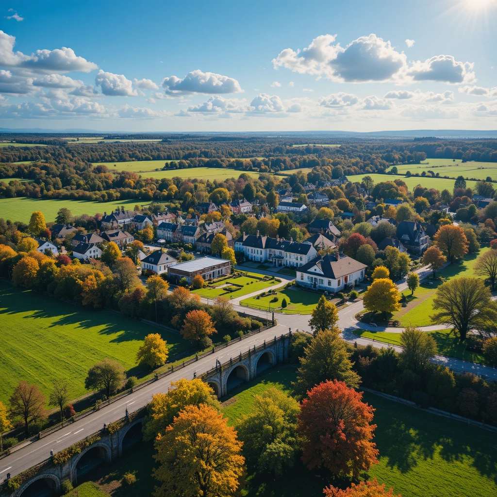 Sonnige Luftaufnahme einer Kleinstadt mit Herbstpark
