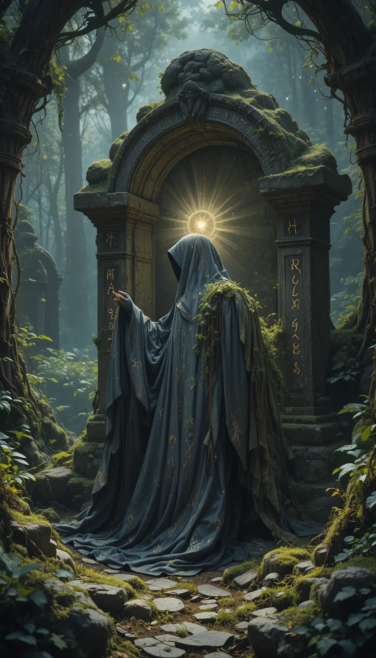 Capa com capuz encantada brilhando sobre um altar de pedra coberto de musgo