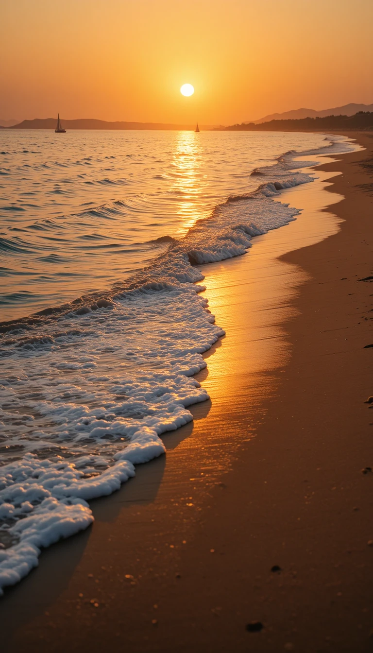 Golden hour beach seascape with gentle waves and sailboat