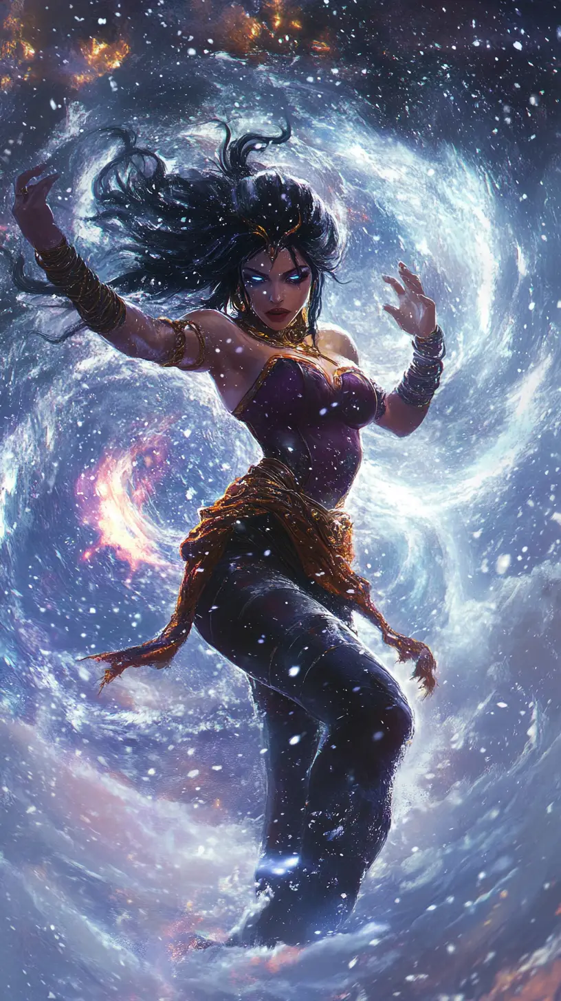 Illustrazione fantasy di una diva sorpresa in una drammatica bufera di neve