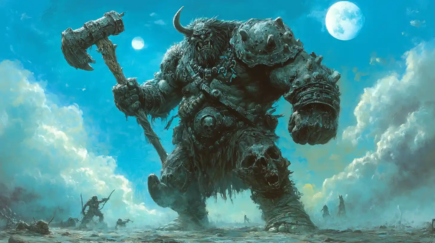 Gepanzerter Troll mit Knochenkeule auf schlammigem Schlachtfeld