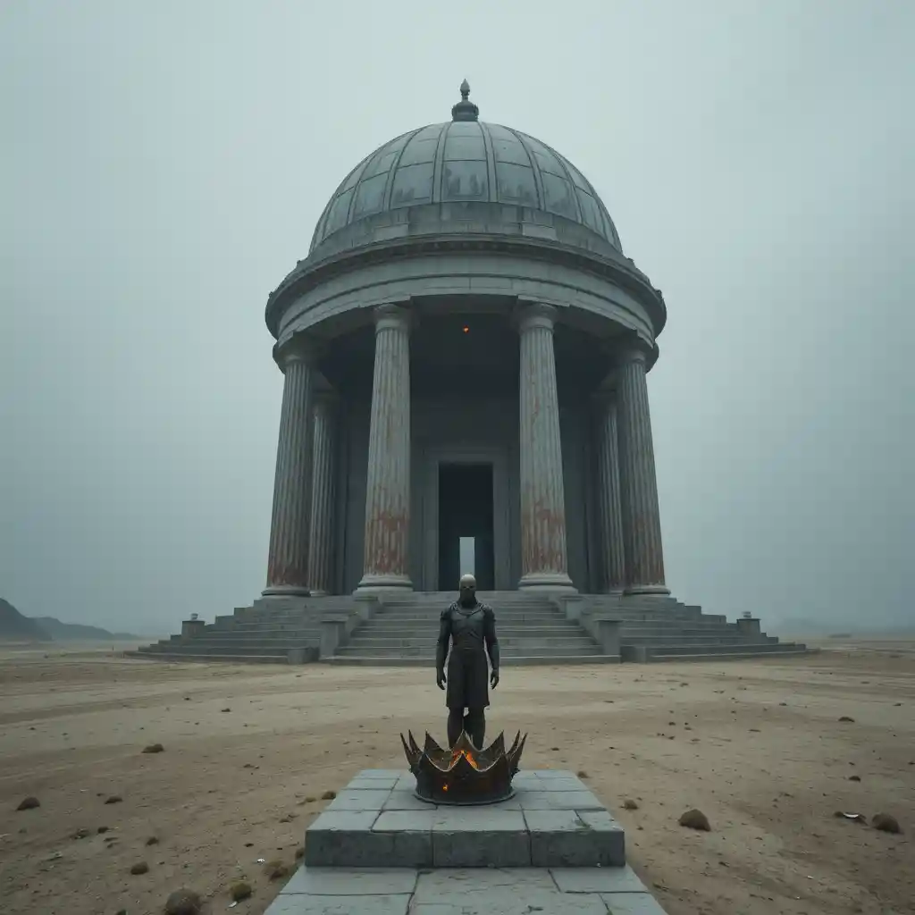 Temple gris surréaliste s’élevant d’une morne plaine infinie