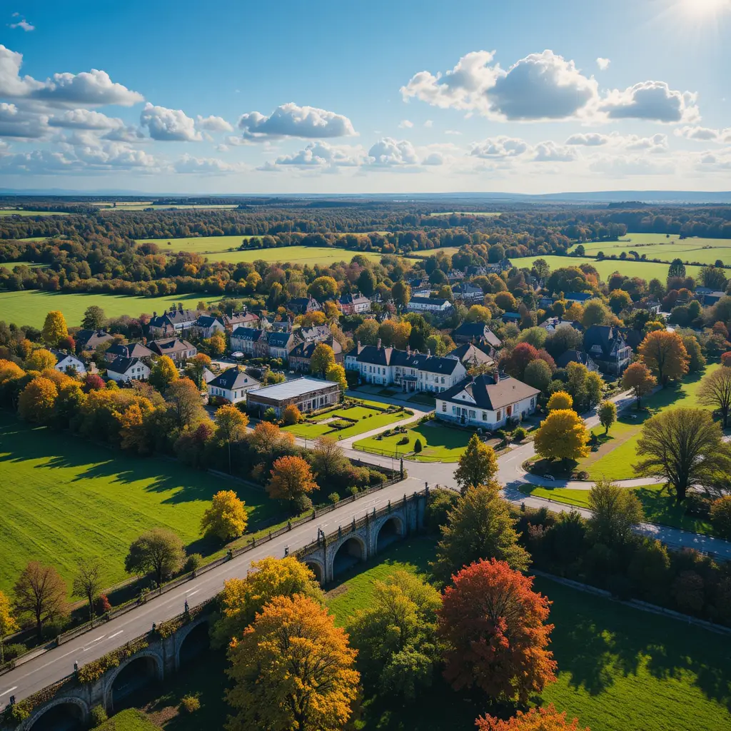 Vue aérienne ensoleillée d’une petite ville avec parc d’automne
