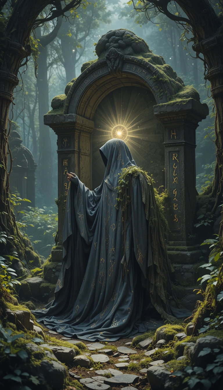 覆蓋苔蘚石祭壇上發光的附魔連帽斗篷