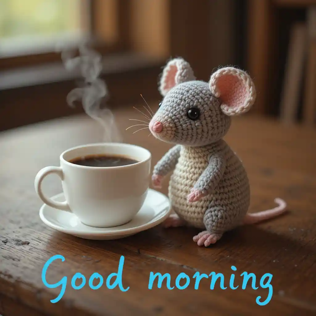 Verspielte Maus neben einer Kaffeetasse mit „Guten Morgen“-Text