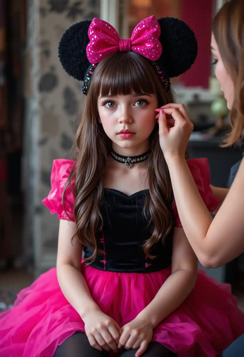 ピンクのドレスを着た少年が女性にメイクをしてもらう