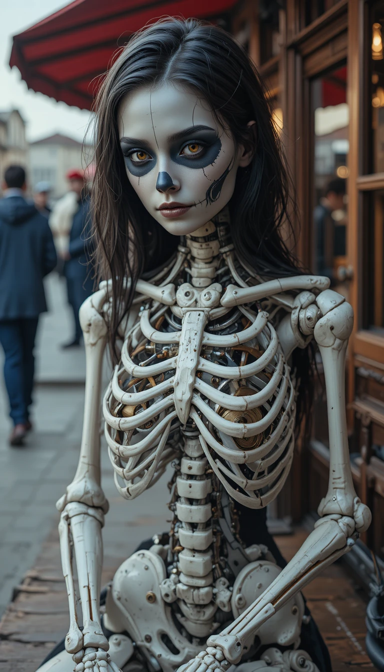 Clockwork skeleton girl with big eyes in a riverside cafe