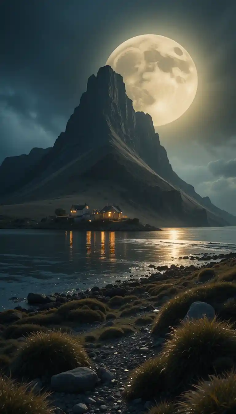 Pueblo costero surrealista bajo una colosal montaña iluminada por la luna