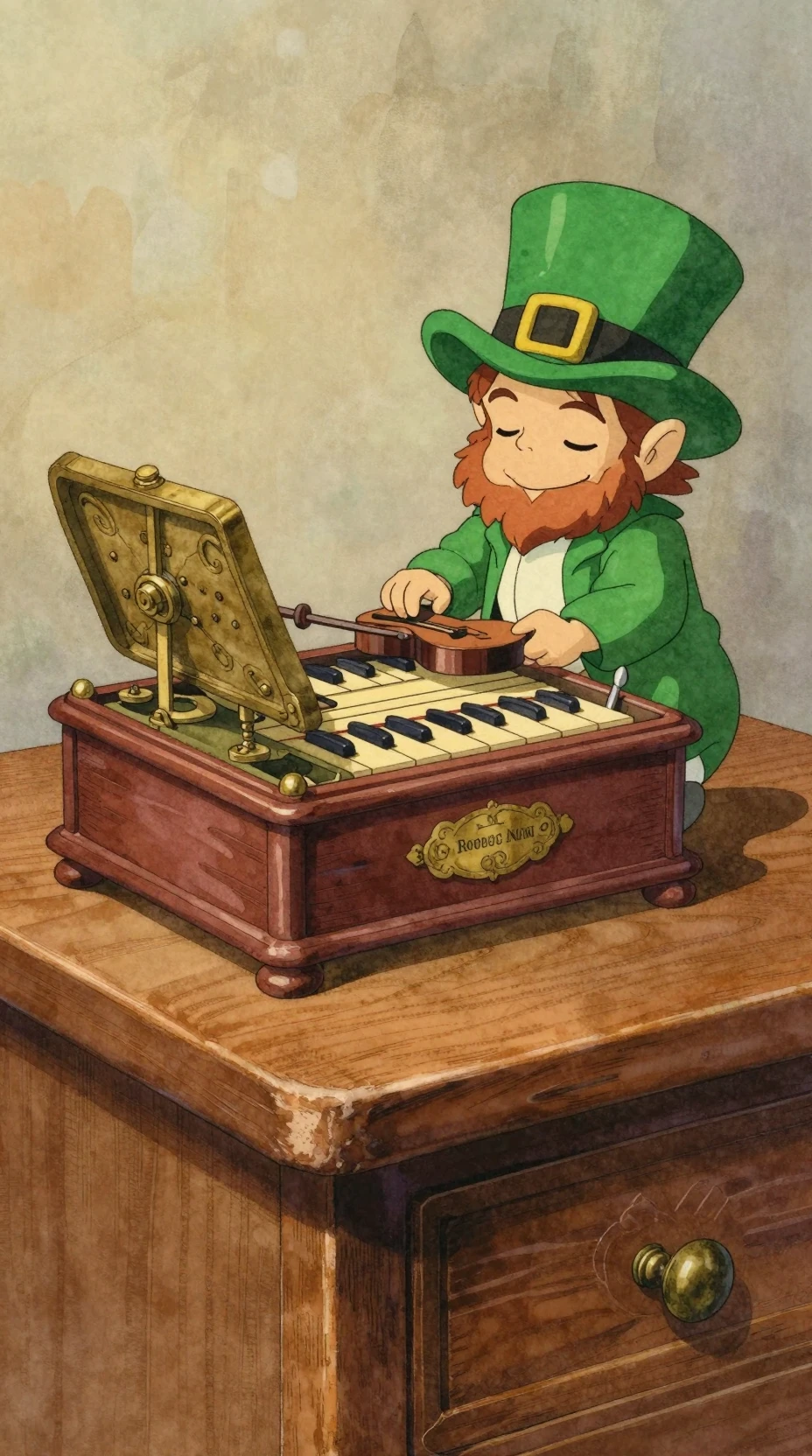 Leprechaun Ouvindo ao Lado de uma Caixa de Música Antiga na Escrivaninha