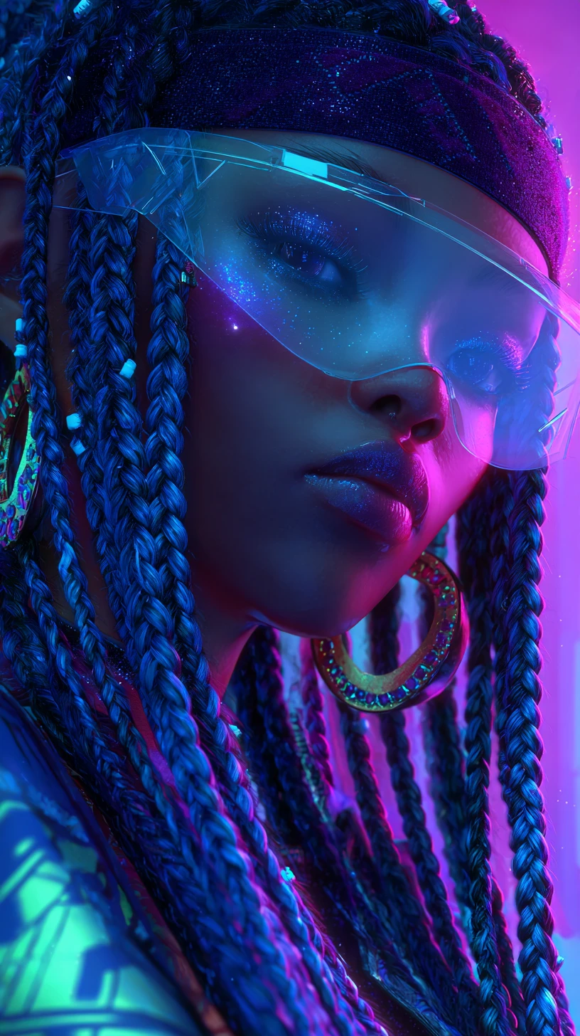 Futuristic woman with neon visor and glittering blue braids