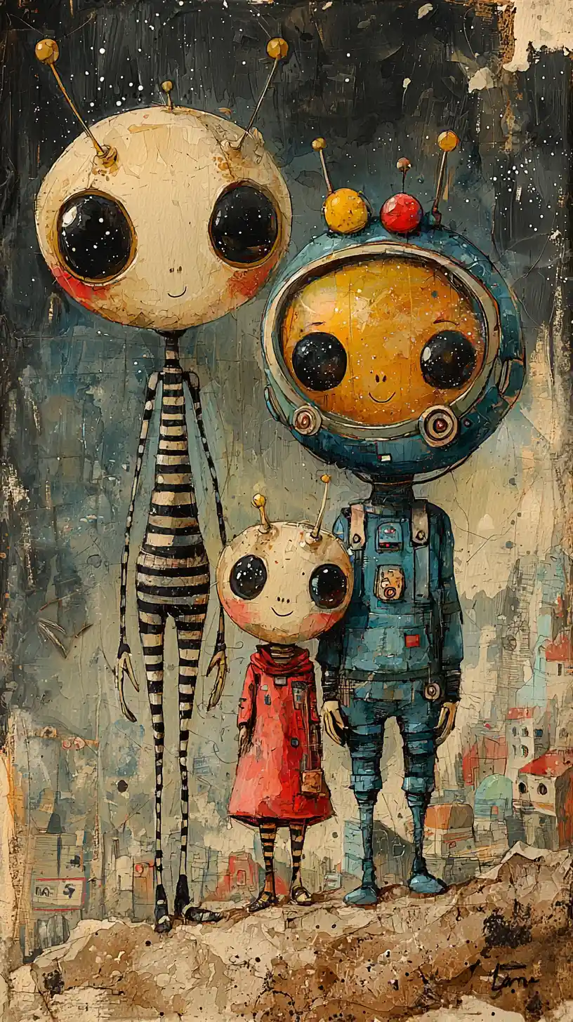 Whimsical Alien Trio In A Watercolor Cosmic Village
