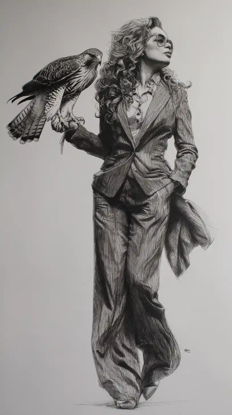 Stylish woman in pantsuit with harpy eagle companion