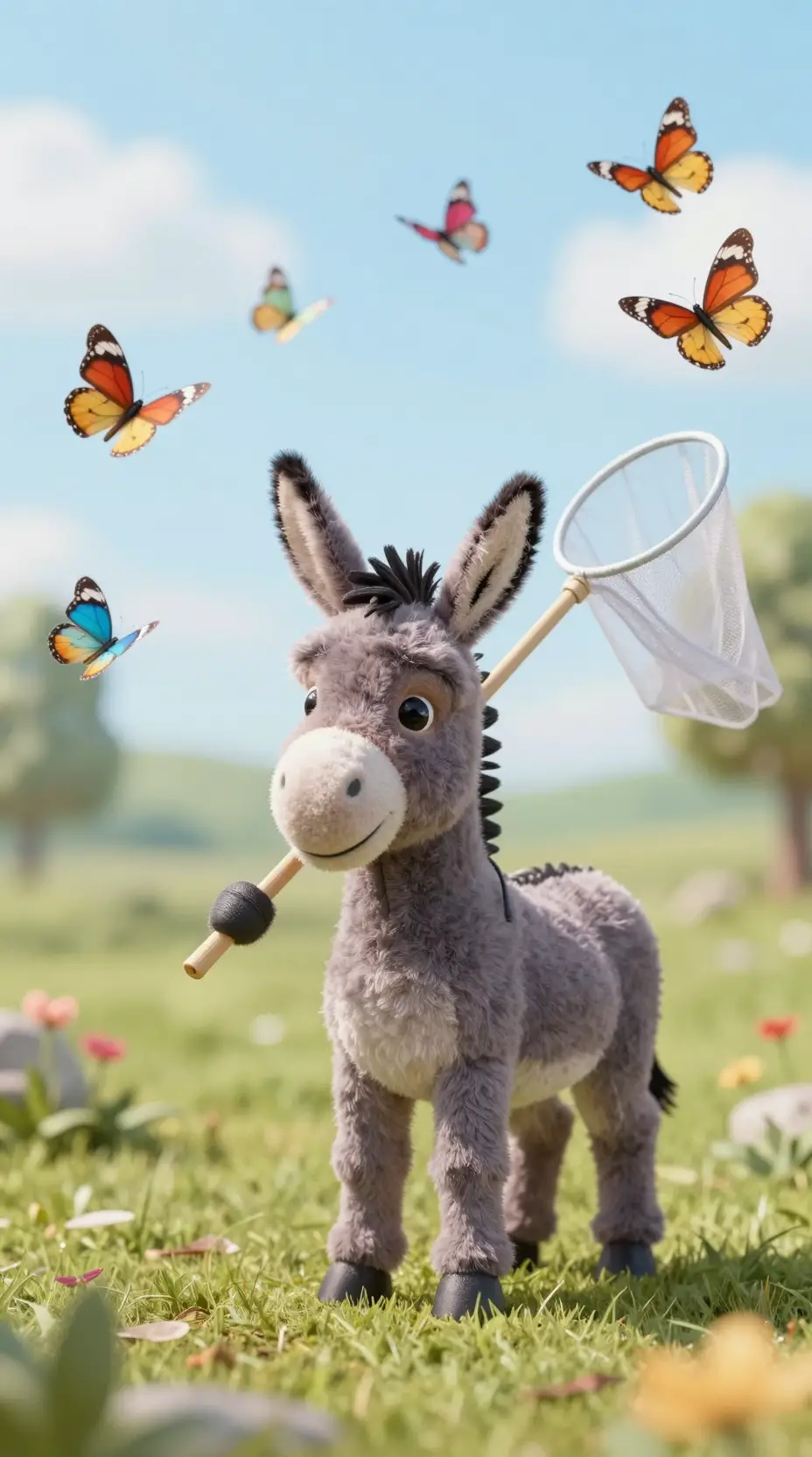 Whimsical toy donkey with net and butterflies outdoors