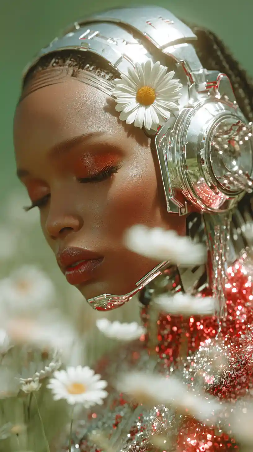 Futuristic woman with silver headpiece and daisies portrait