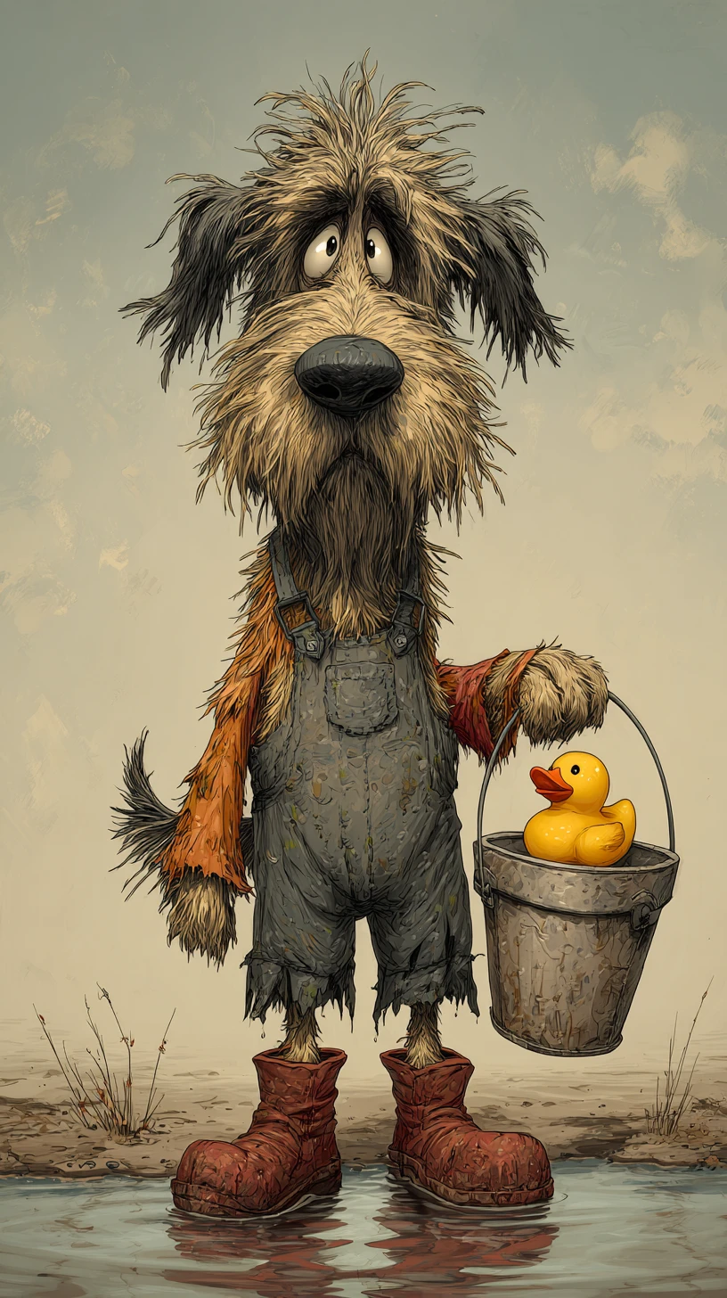 村の池のそばでバケツとアヒルを持つ悲しそうな犬のイラスト