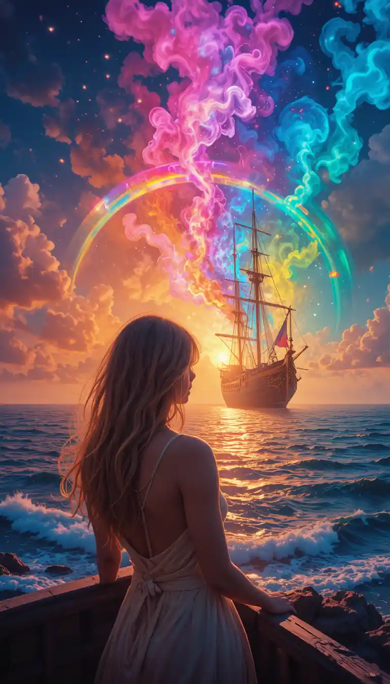 Blondes Mädchen auf einem Schiff, das ein leuchtendes Regenbogenmeer betrachtet