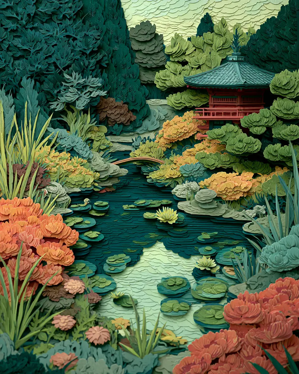 Serene Japanese Garden In Layered 3D Paper Art