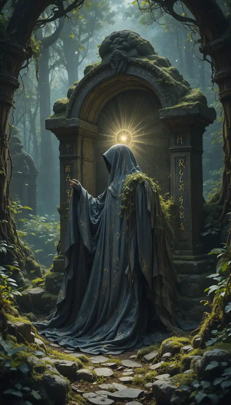 Capa com capuz encantada brilhando sobre um altar de pedra coberto de musgo