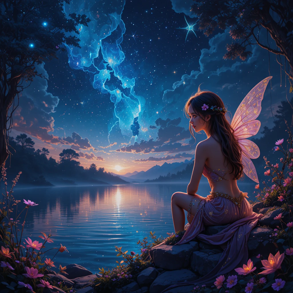Close up fairy overlooking a glowing night lake scene