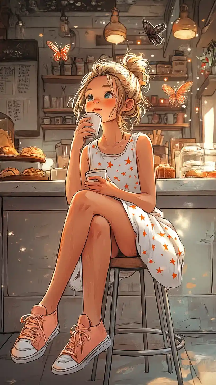 居心地の良いカフェで空想にふけるかわいいアニメ風の女の子
