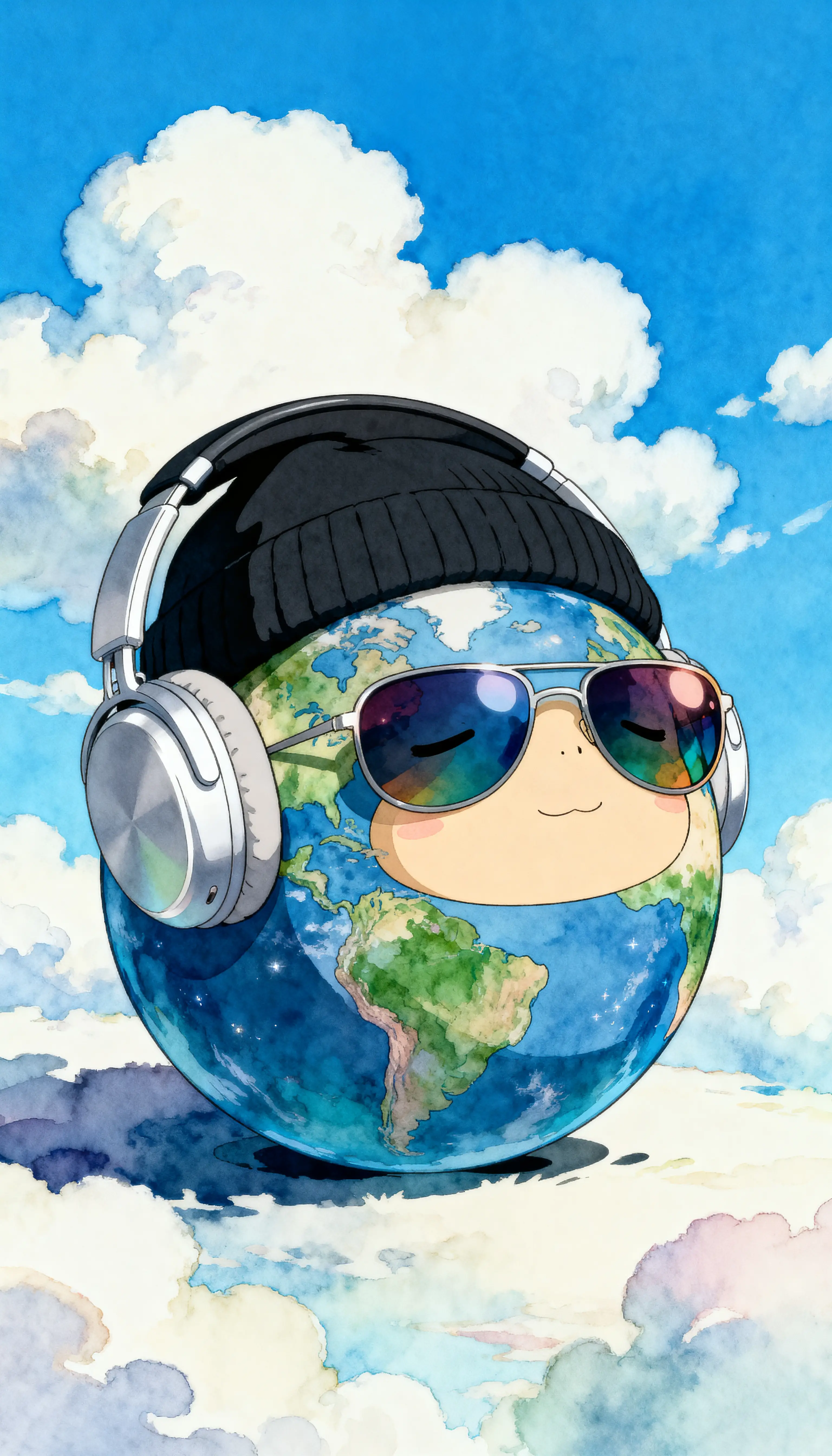 Earth relaxing with headphones and sunglasses in blue sky