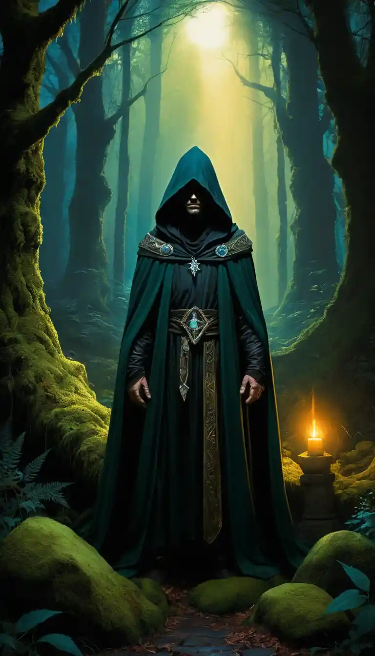 Capa com capuz encantada brilhando em um antigo altar da floresta