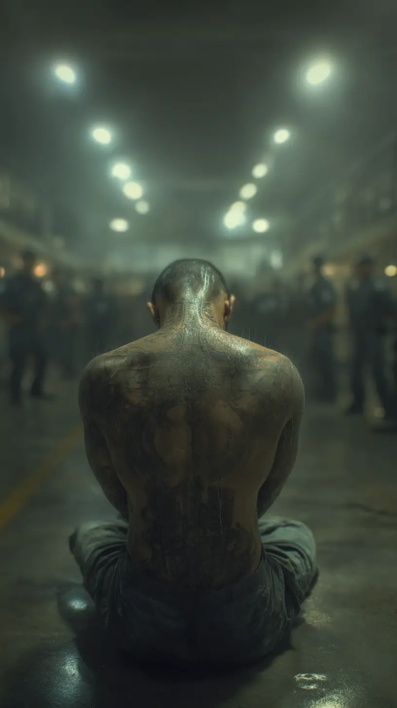 Prisonniers latino-américains assis au sol dans un couloir de prison lumineux