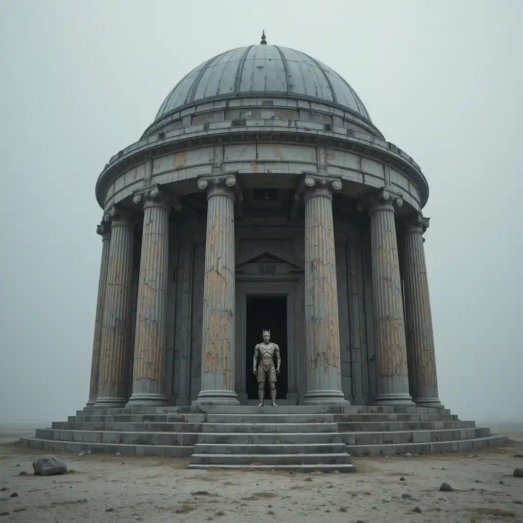 Templo gris surreal que se alza desde una árida llanura de azufre