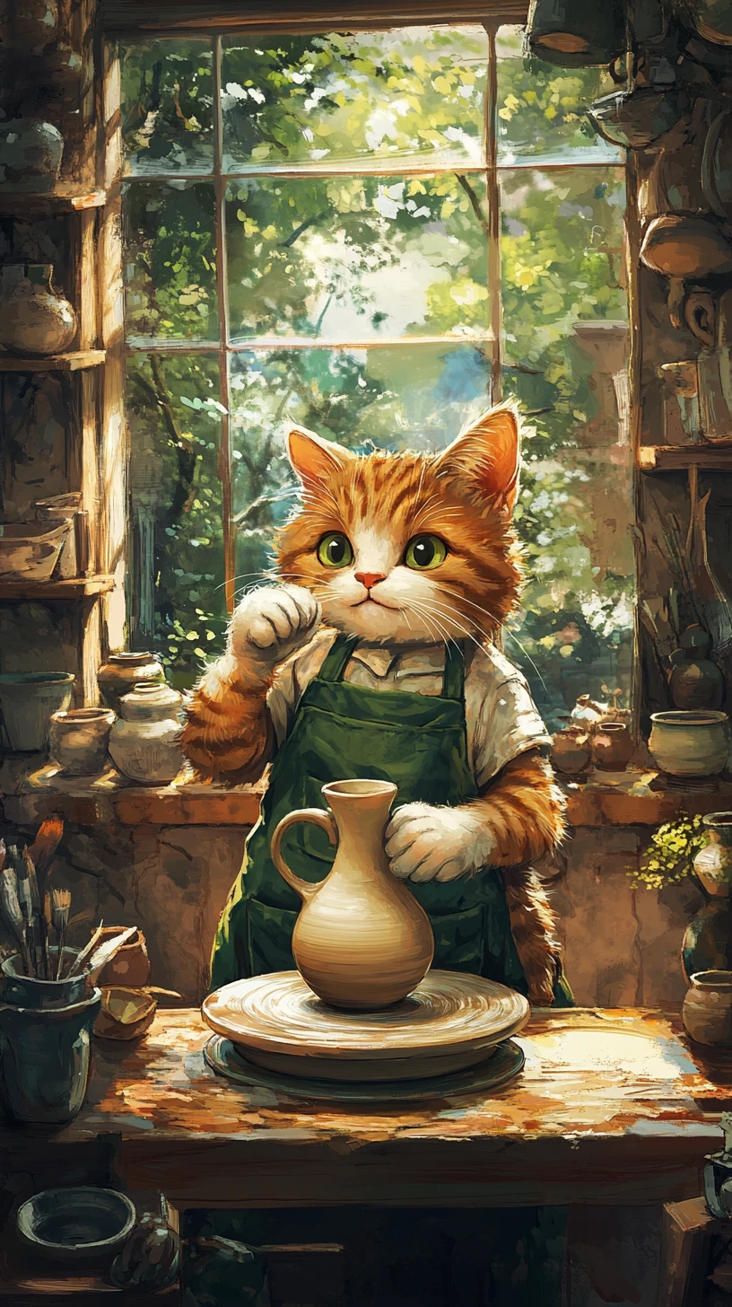 Cat potter shaping a vase in a cozy ceramic workshop