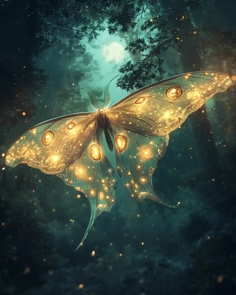 Moon moth spirit gliding through a glowing night forest