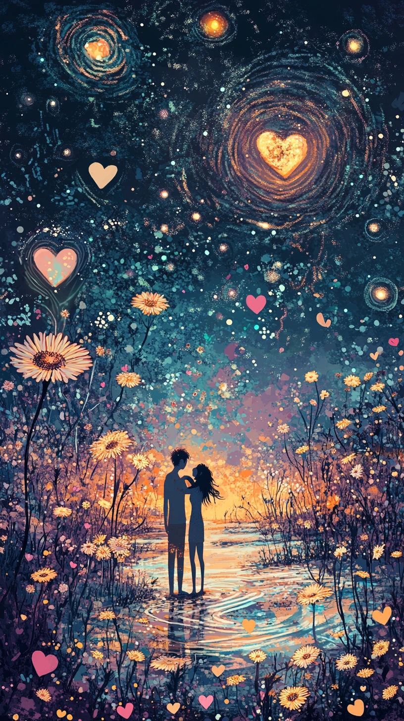 Casal Onírico em Praia ao Entardecer em Ilustração Abstrata