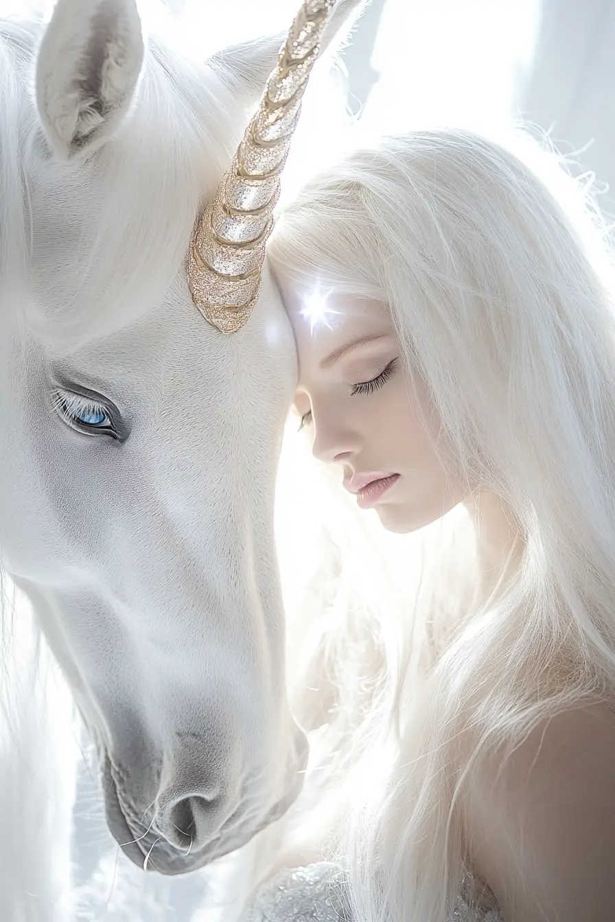 Ethereal woman and unicorn glowing in white light
