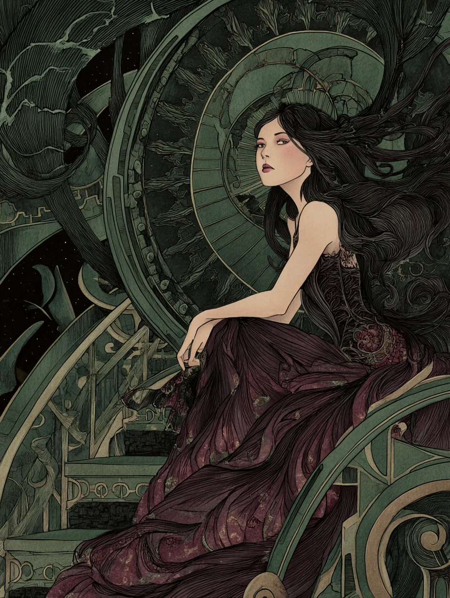 Cidade art nouveau sombria com uma mulher fantasia contemplativa