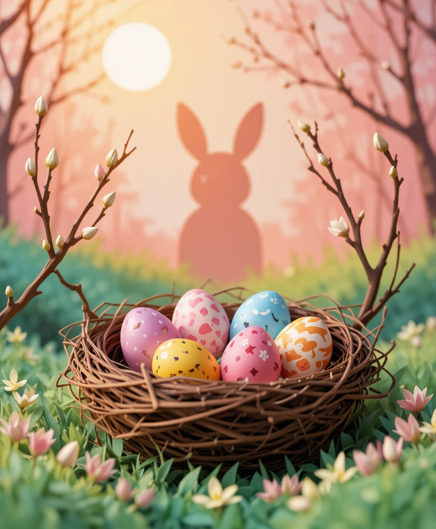 Bunte Ostereier in einem sonnendurchfluteten Nest mit Kaninchensilhouette