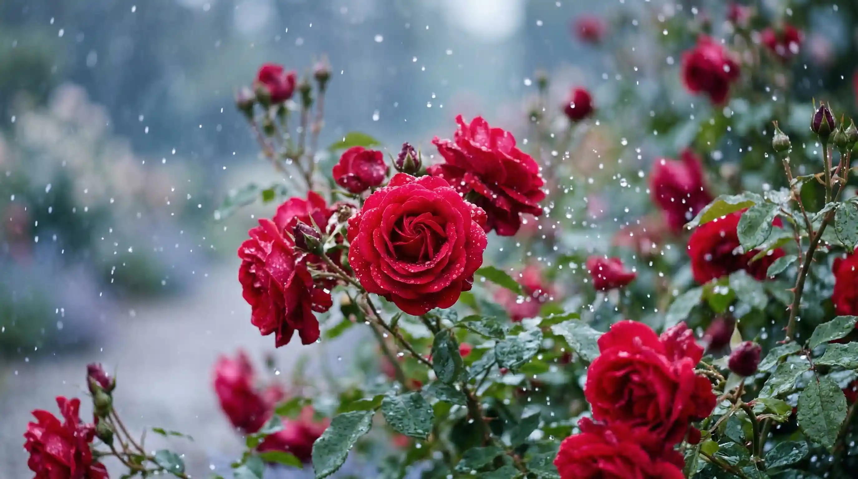 Red roses with water droplets in dreamy soft focus